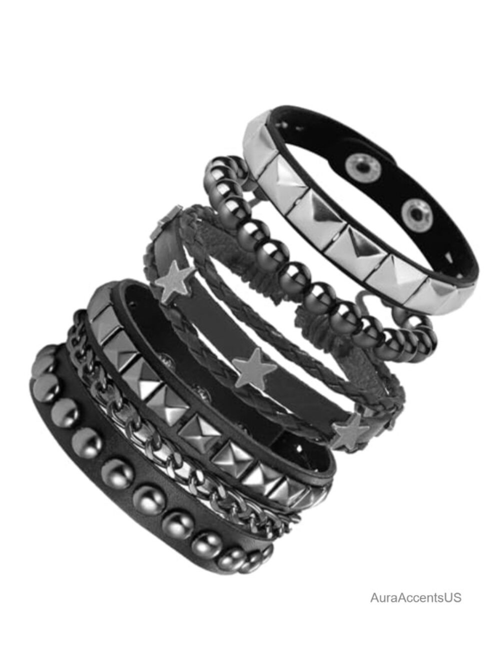 Set of 4 Faux Leather Bracelets, Cuff Wristbands, Goth Emo Punk Studs